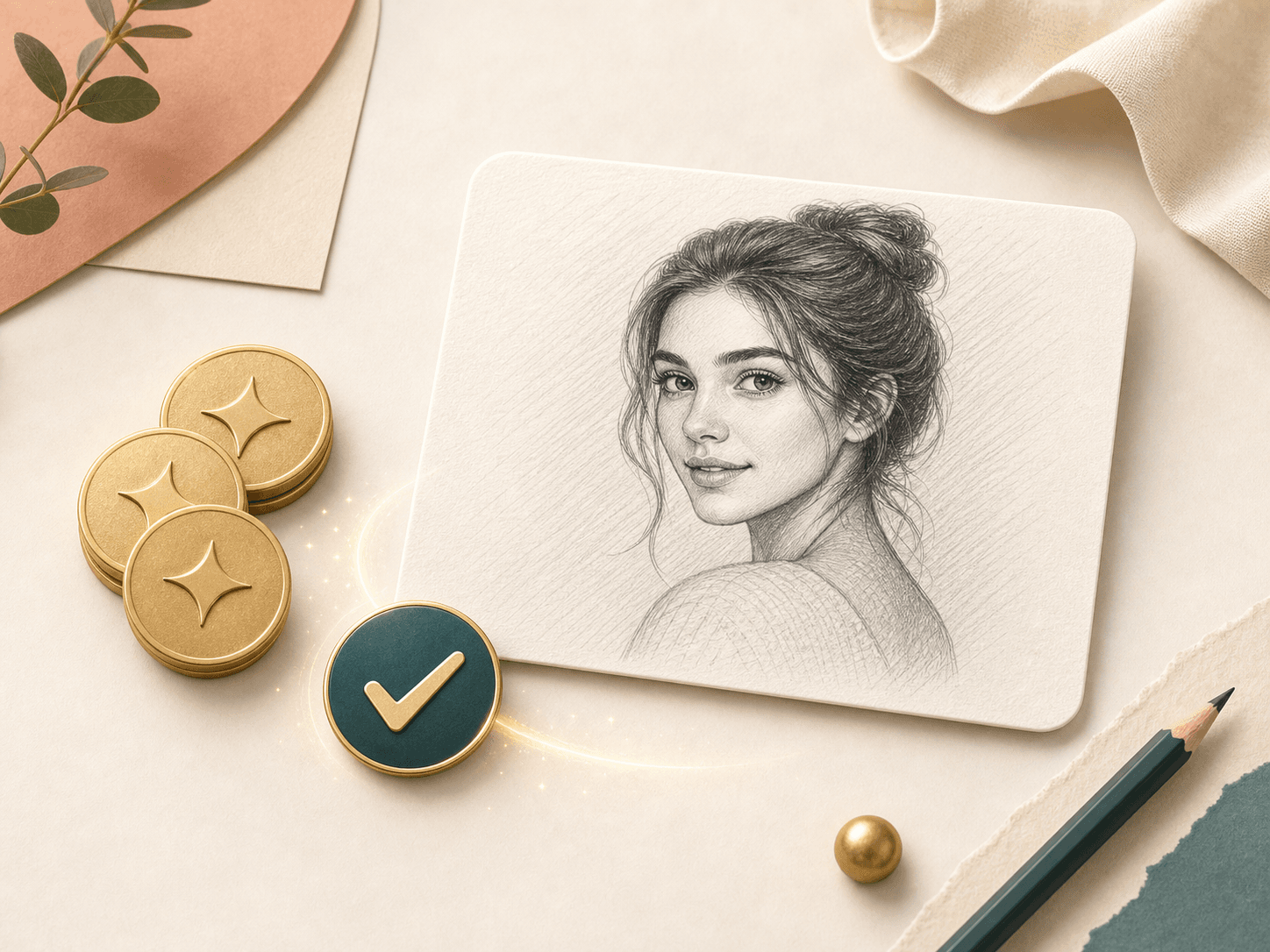 Credit tokens beside a generated pencil sketch portrait