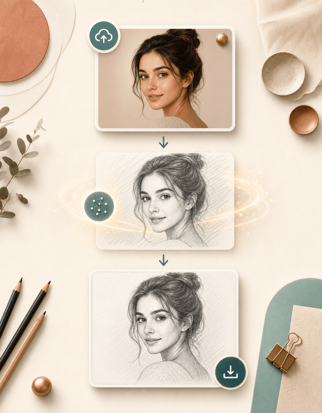 Workflow showing a portrait photo becoming a pencil sketch result