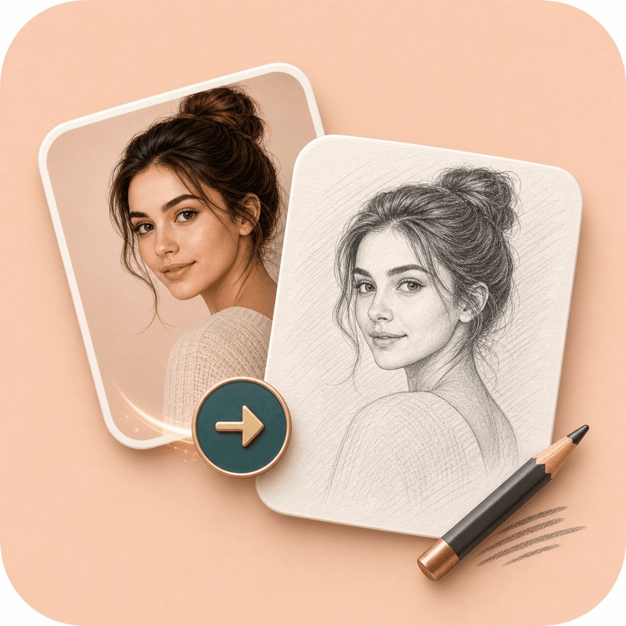 Icon showing a portrait photo changing into a pencil sketch