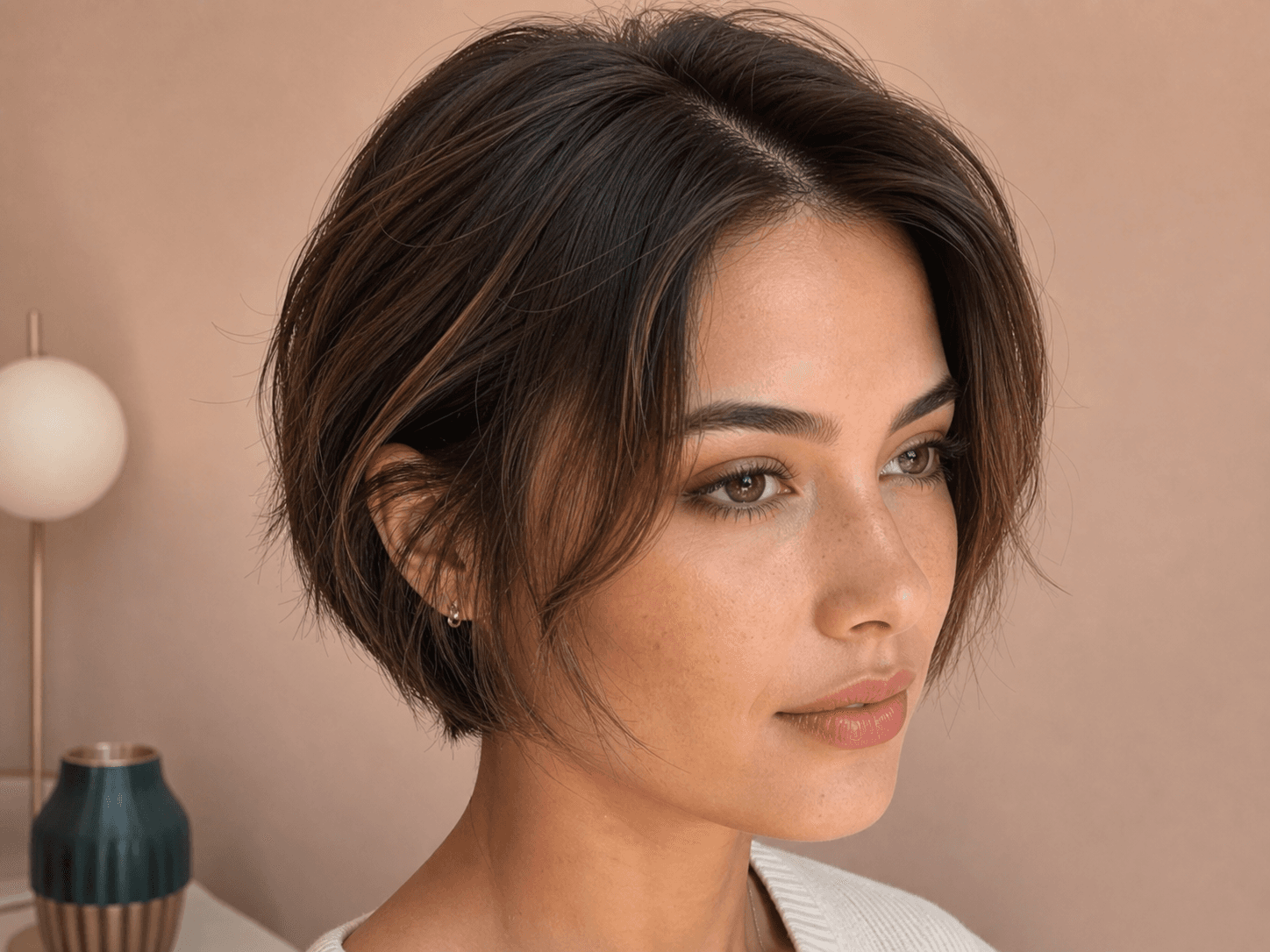 Close portrait detail showing short haircut hairline and strand texture