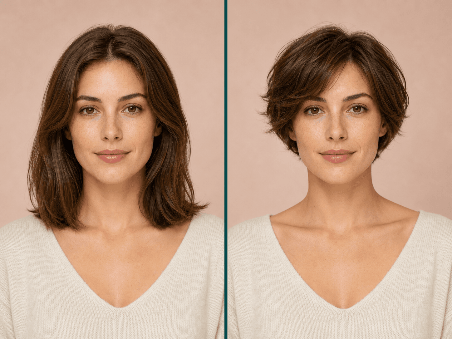 Before and after portrait showing a short haircut preview on the same person