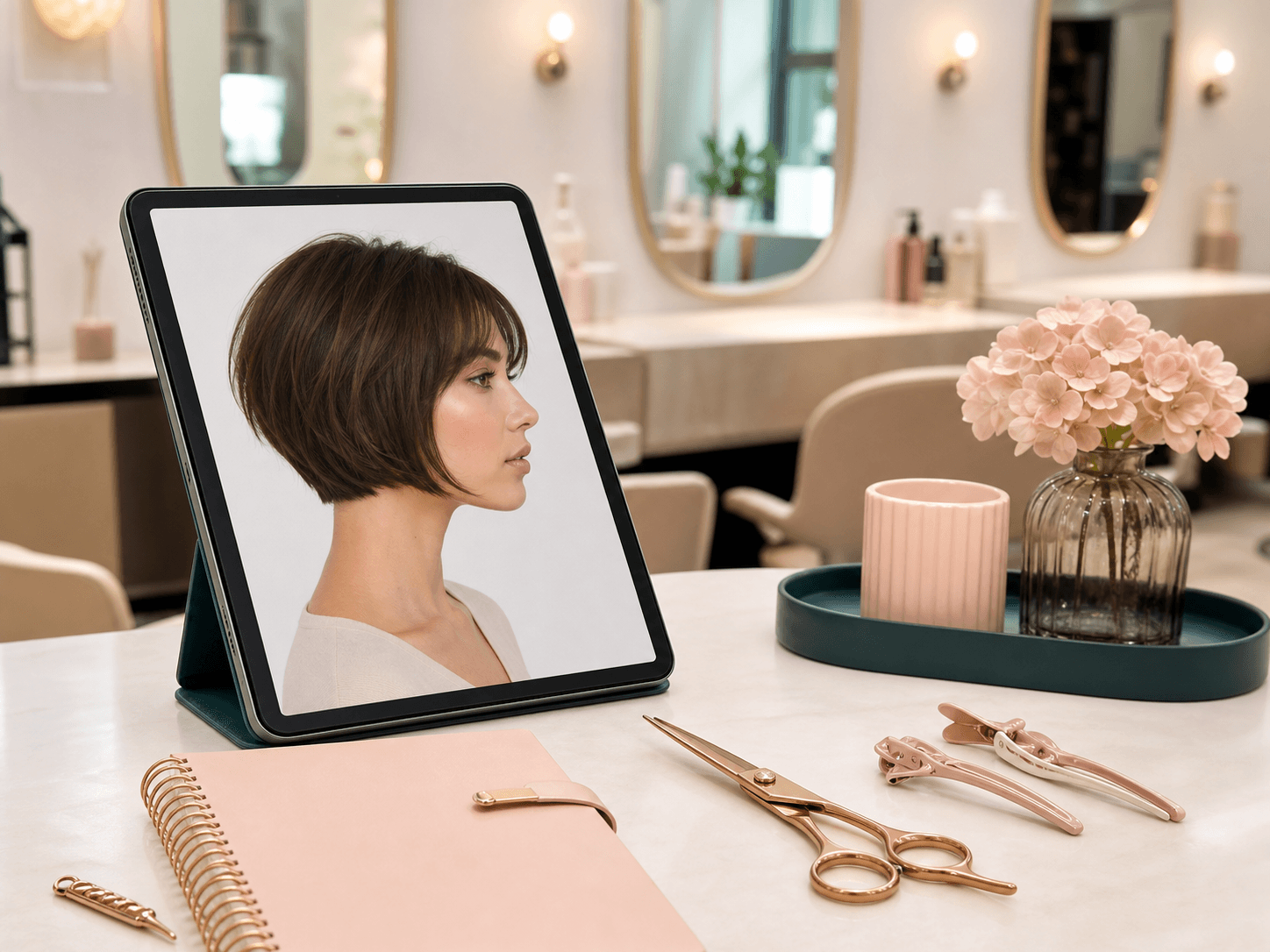 Tablet showing a saved short haircut preview as a salon reference
