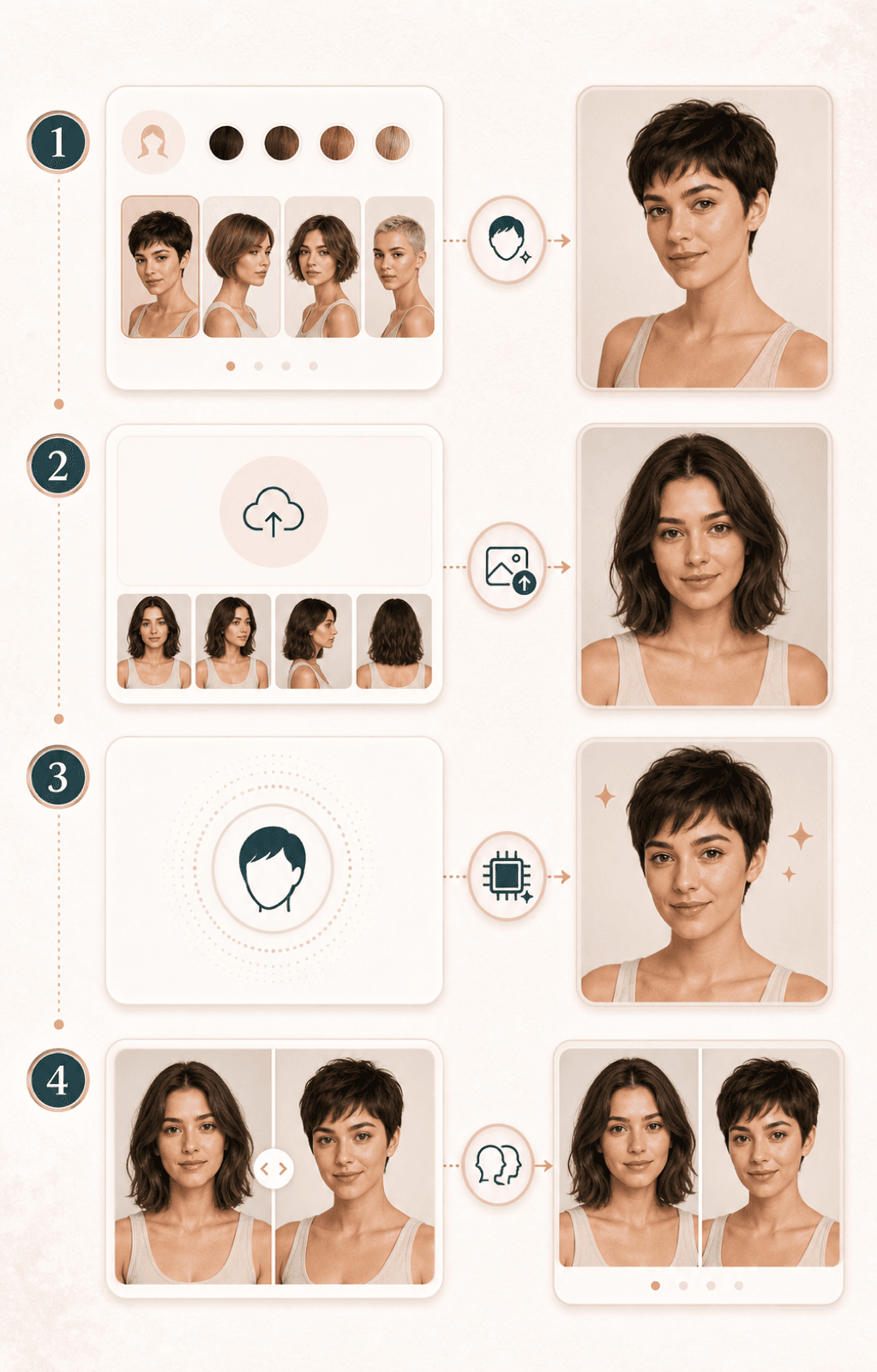 Short Hair Filter workflow showing haircut choice, portrait upload, generation, and comparison