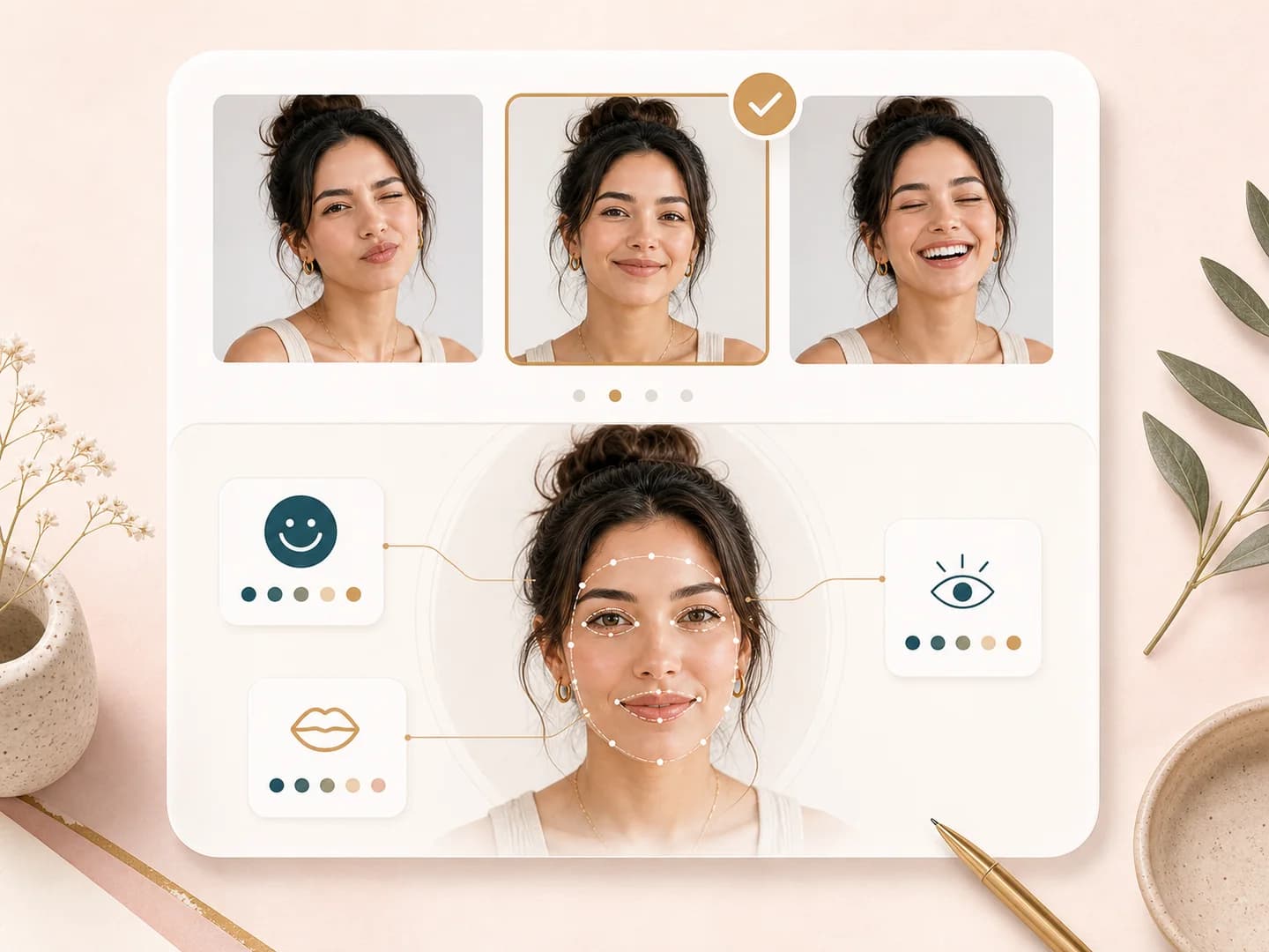 Illustration of multiple smile photos used to compare camera angle tips