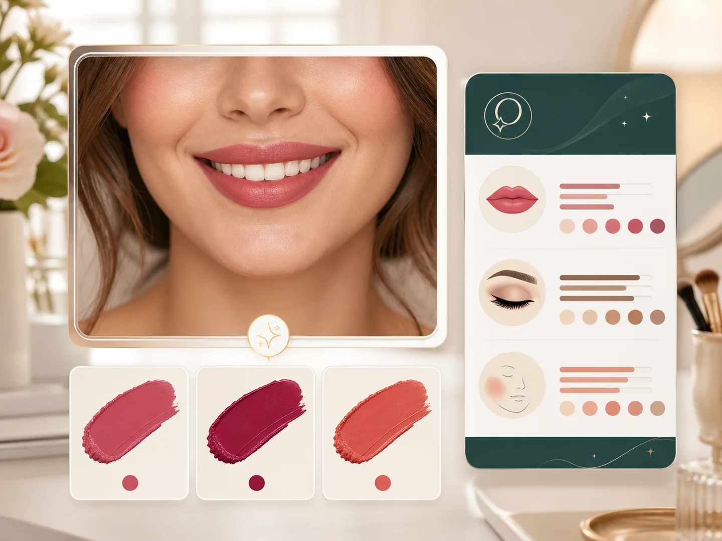 Illustration of lip color swatches beside a smile analysis card