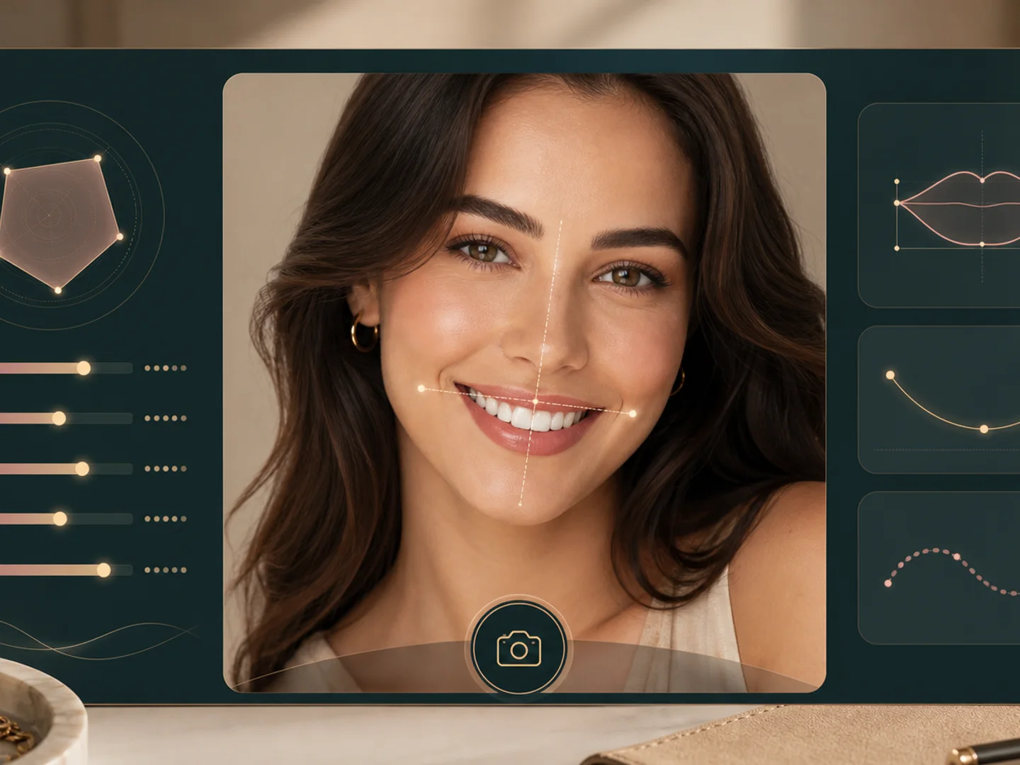 Illustration of a smile result review panel with camera based score lines