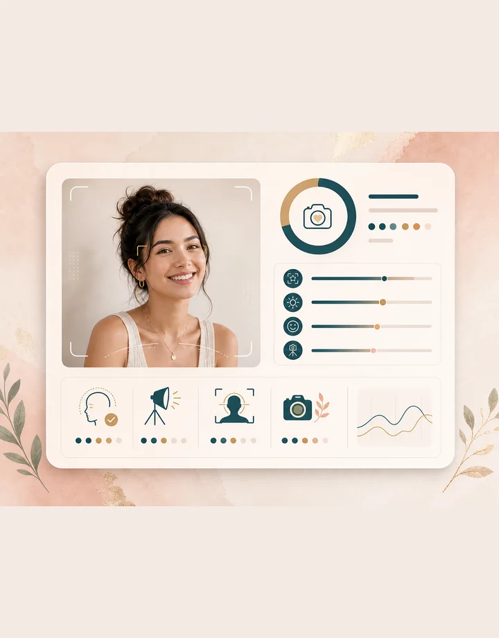 Smile aesthetic test workflow showing photo upload, smile cues, and result review
