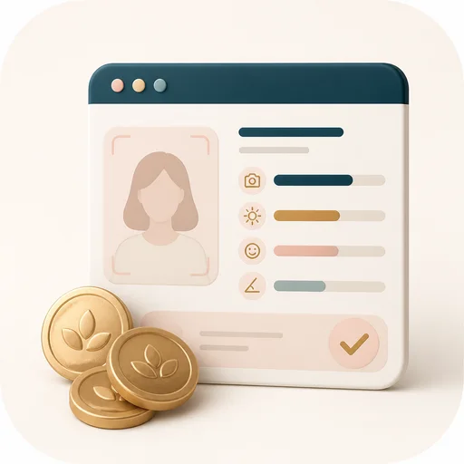 Icon showing credit tokens and a result card for a smile aesthetic test