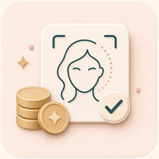 Icon showing a portrait photo card with a check for camera based smile review