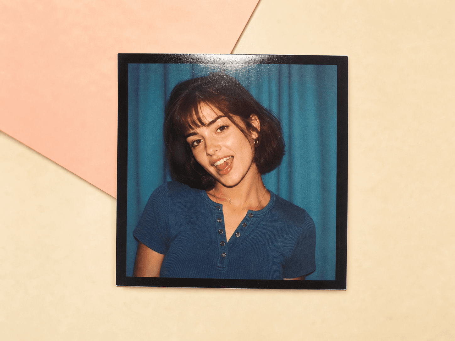 1990s mall photo booth style portrait with clean flash and glossy paper