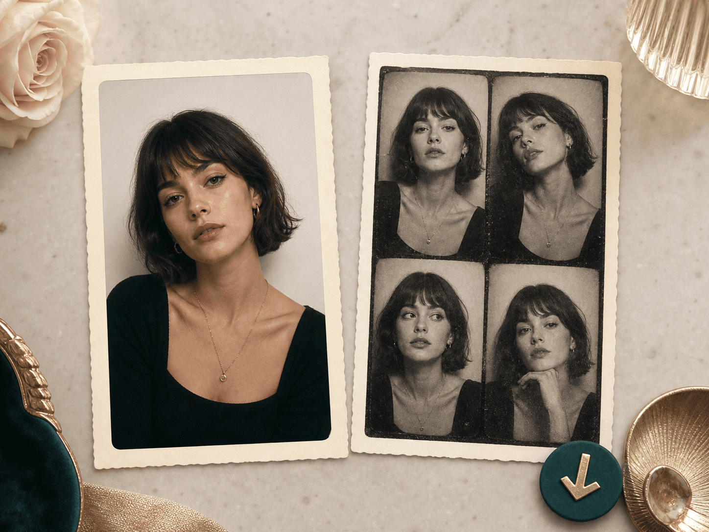 Modern portrait and vintage booth result cards shown side by side