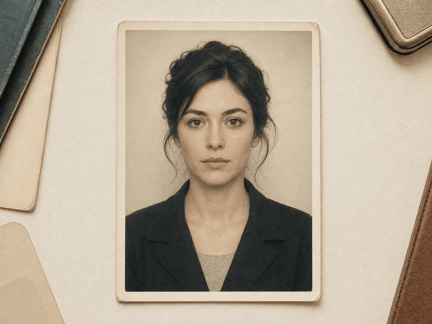 Muted vintage passport booth portrait style on matte paper