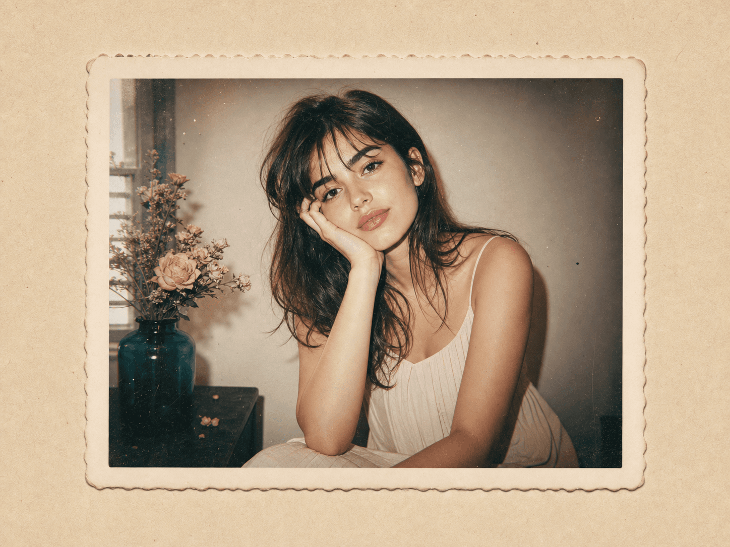 Retro film border portrait with cream frame and soft contrast