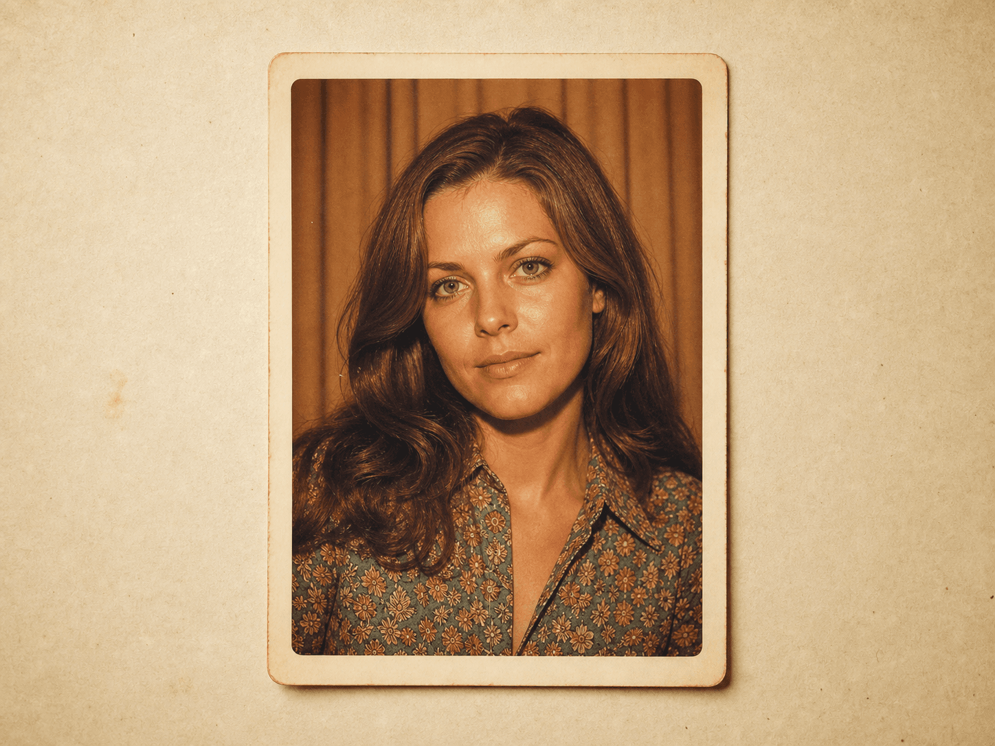 Warm 1970s style vintage photo booth portrait on cream paper