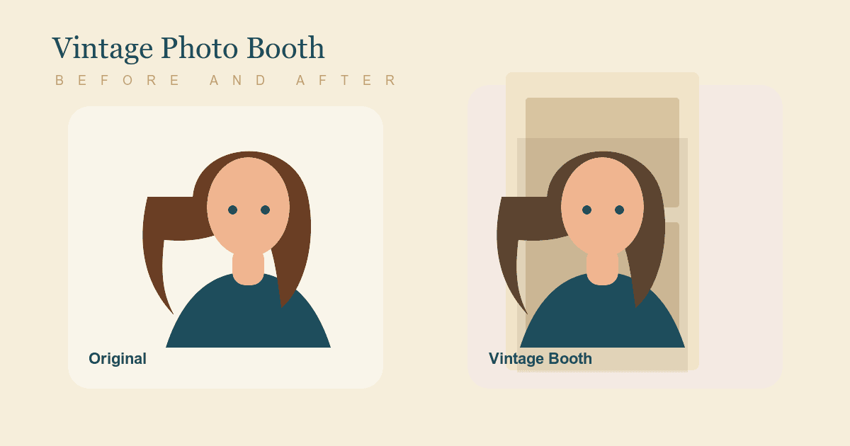 Vintage Photo Booth preview showing a modern portrait turned into a retro photo booth result