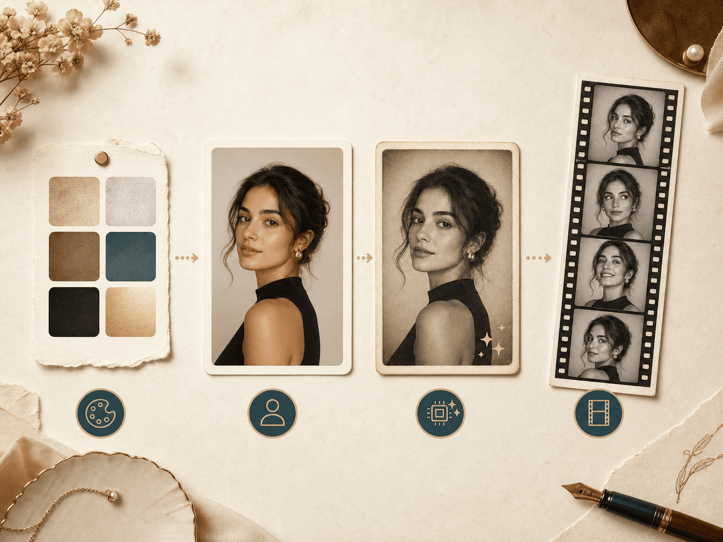 Workflow image showing style choice, portrait upload, AI generation, and vintage photo booth result
