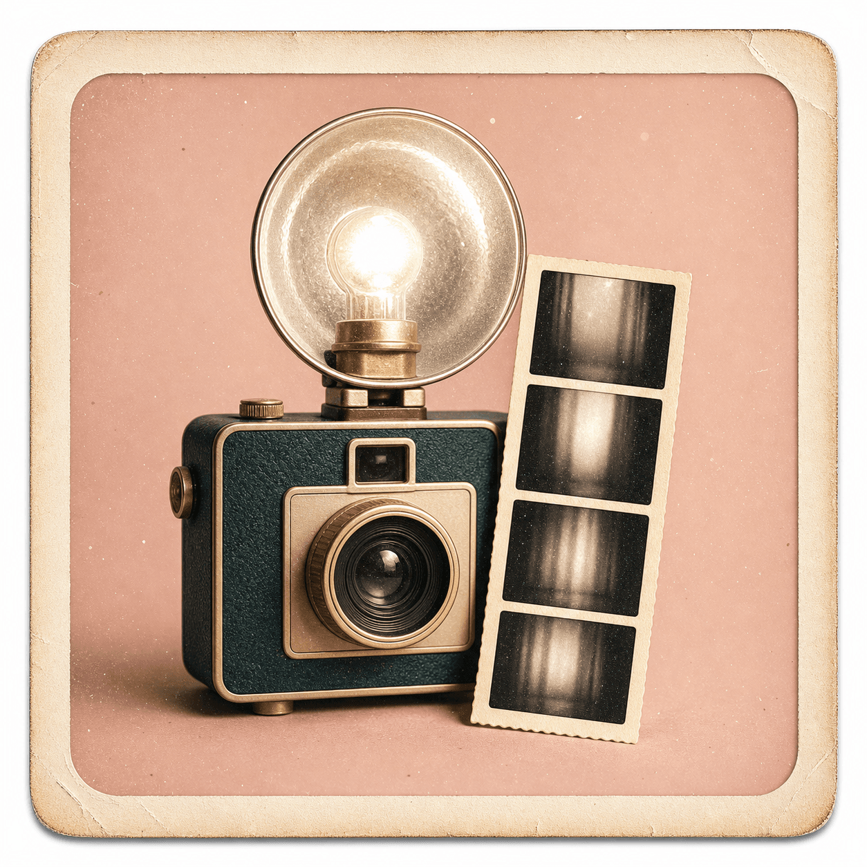 Vintage camera flash and photo booth strip icon showing grain and paper border cues
