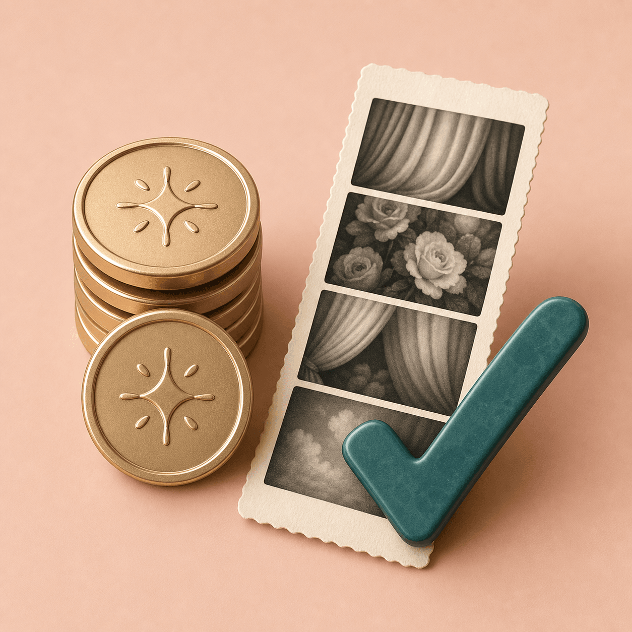 Credit tokens beside a vintage photo booth strip for BeautyLove generator access