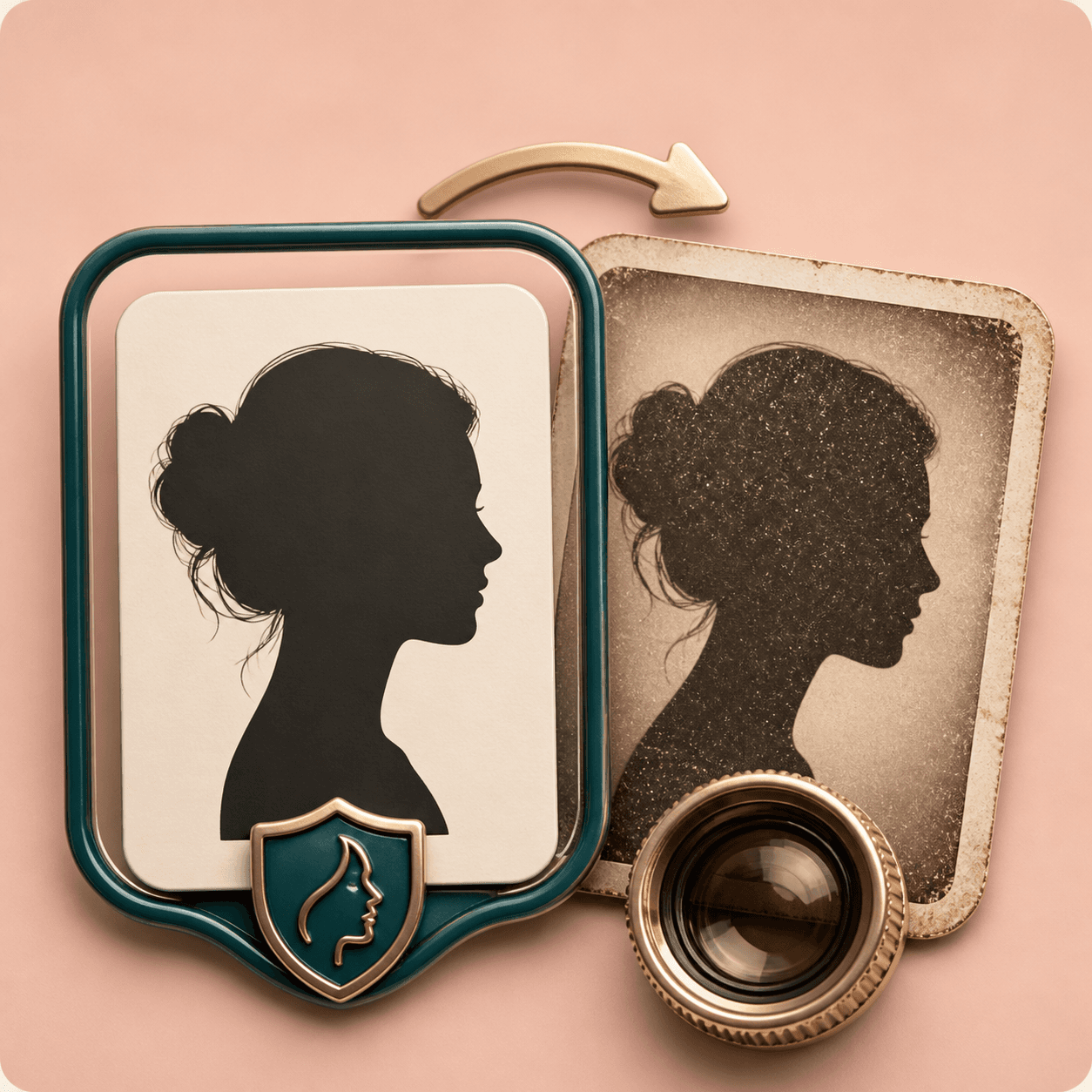 Portrait card with a protective teal outline showing identity aware vintage editing