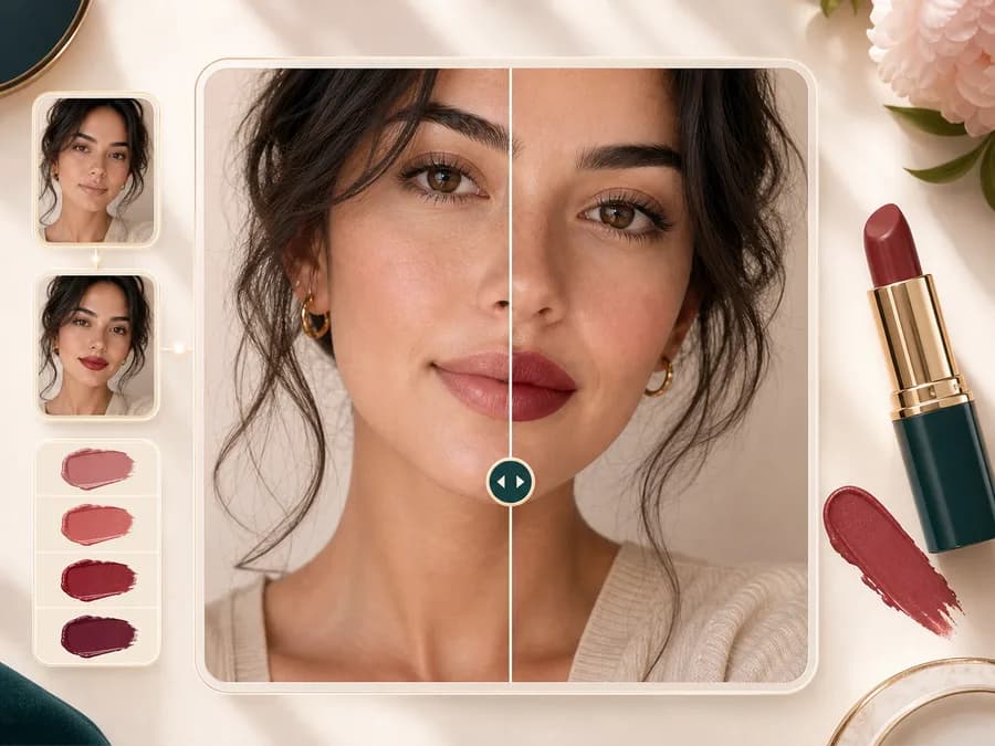 Before and after slider preview for an AI lipstick try on result