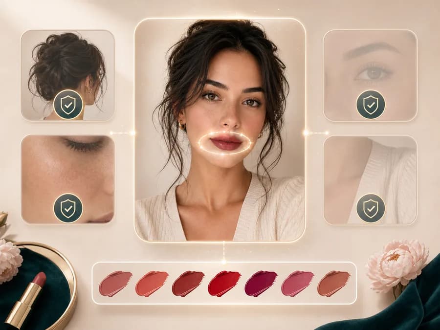 Portrait card with only the lips highlighted for AI lipstick color editing