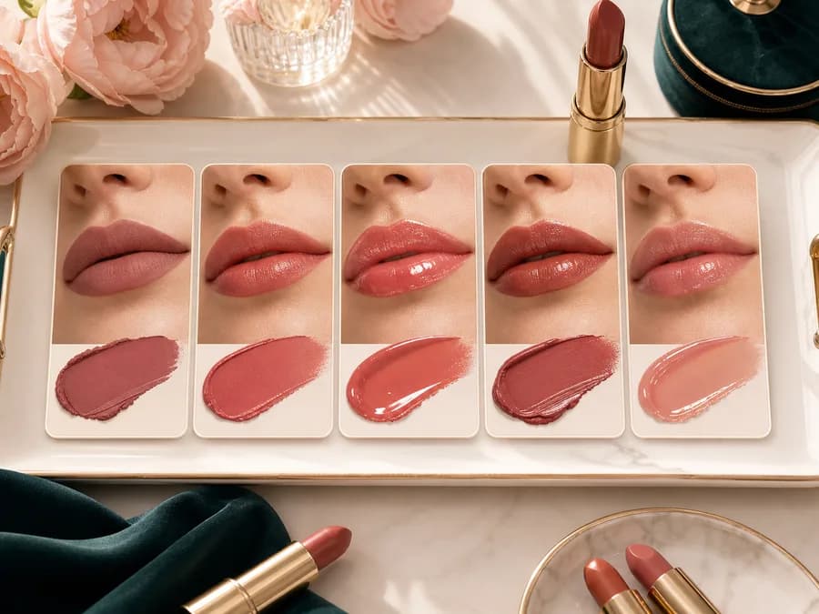 Cosmetic swatches showing different lipstick finishes for online try on