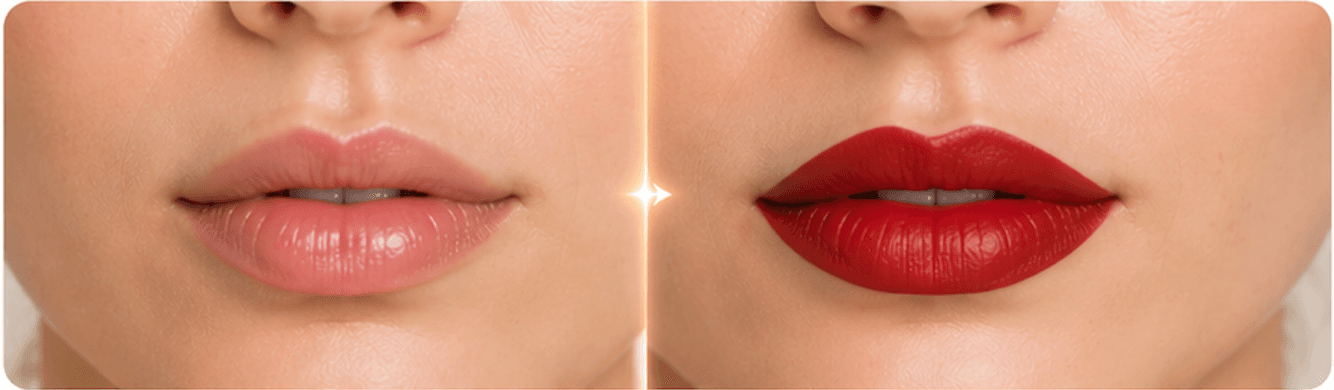 Virtual lipstick try on preview showing natural lips changed to red lipstick