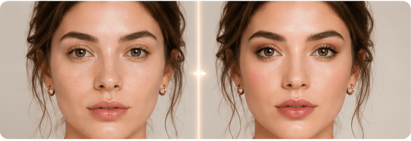 Virtual makeup try-on preview showing a portrait before and after makeup