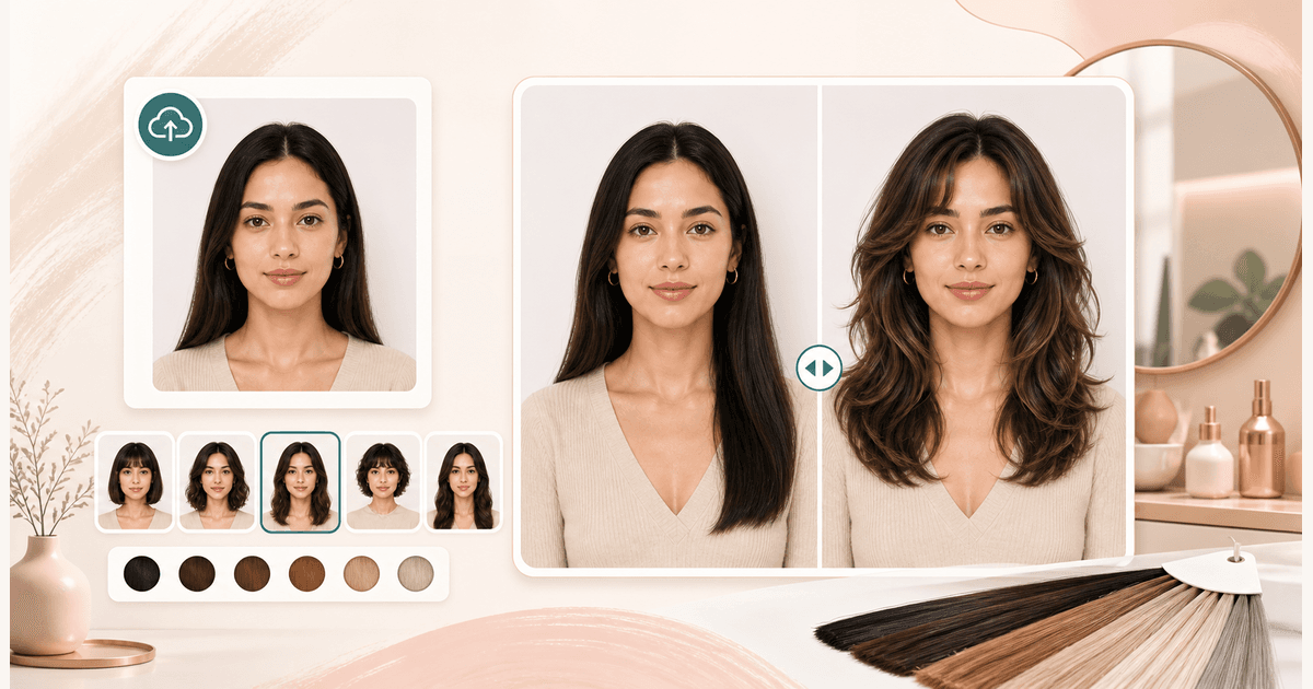 AI hairstyle changer preview with hairstyle options and before and after portrait comparison