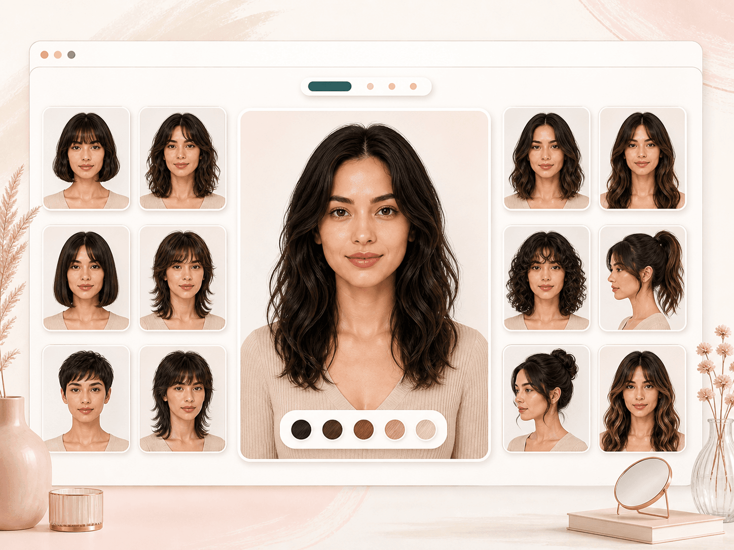 AI hairstyle changer preset gallery with bob, bangs, curls, ponytail, and wolf cut options