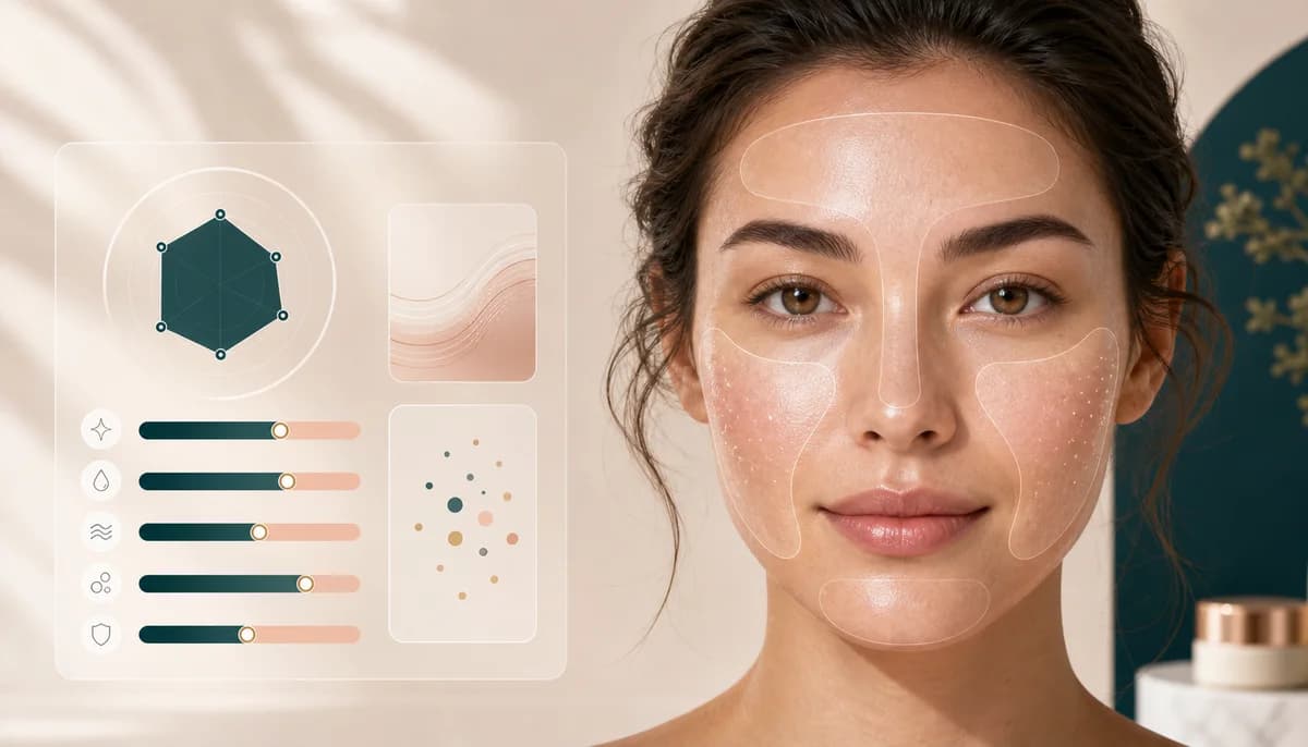 AI skin analysis preview showing a portrait with visible skin tendency scores