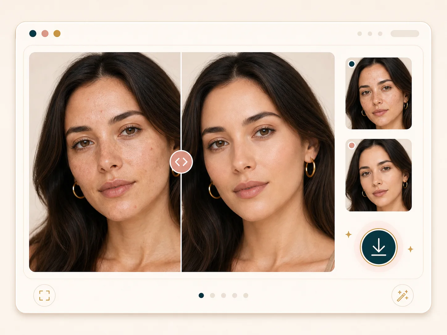 Before and after result slider for an AI skin retouching download