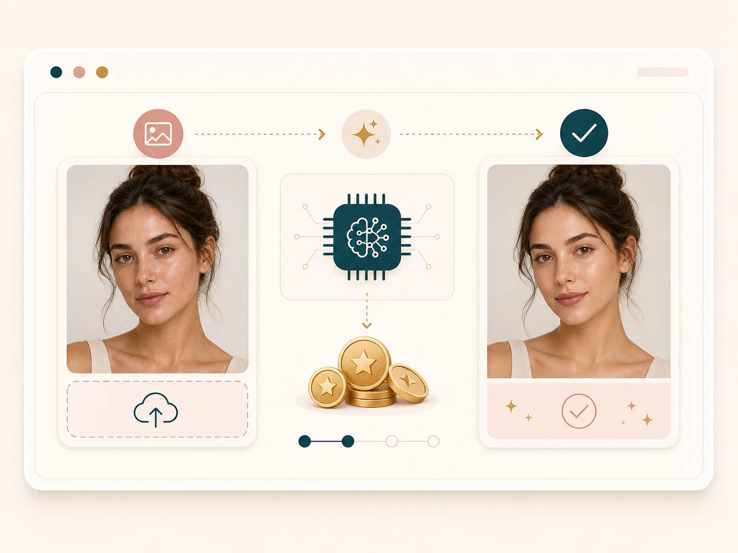 Credit based AI skin retouching run with a completed portrait result