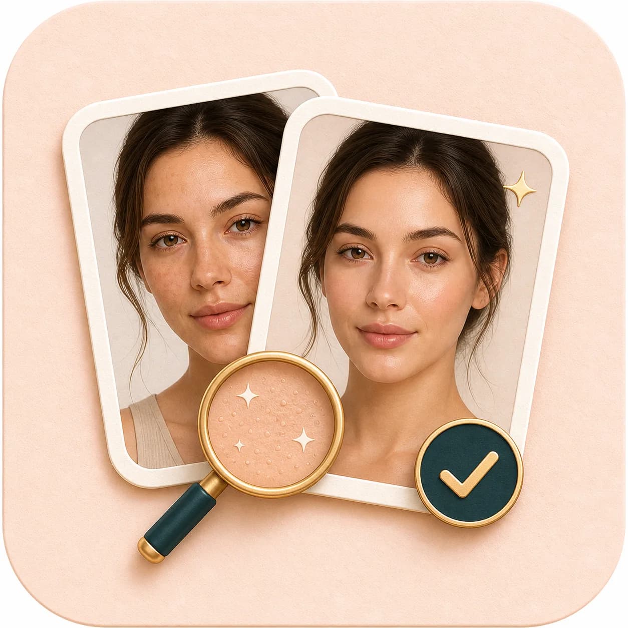 Icon showing a portrait texture check for natural skin retouching