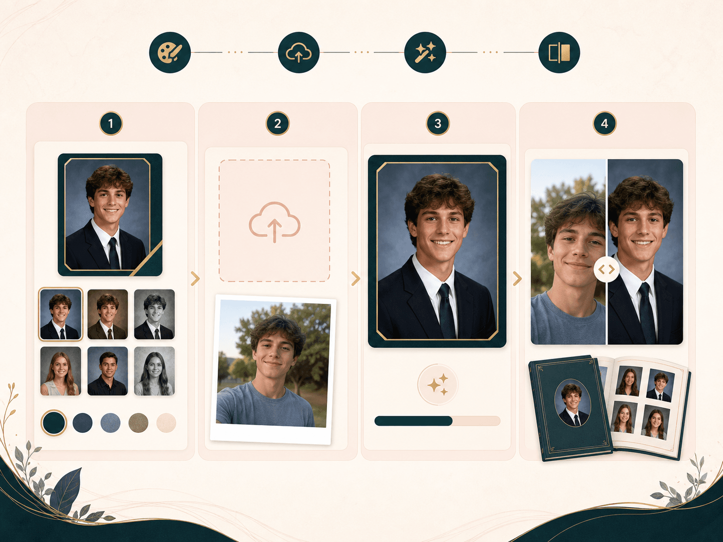AI yearbook generator workflow showing style choice, selfie upload, generation, and result review
