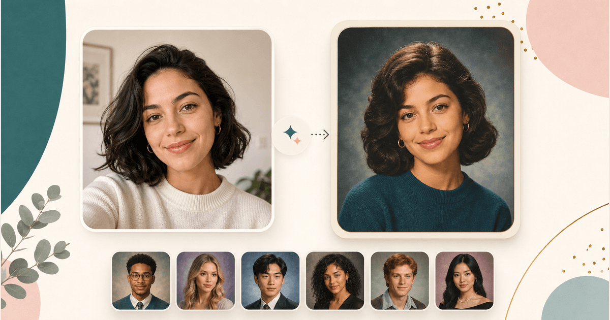 AI yearbook generator preview with style choices and before and after portrait comparison