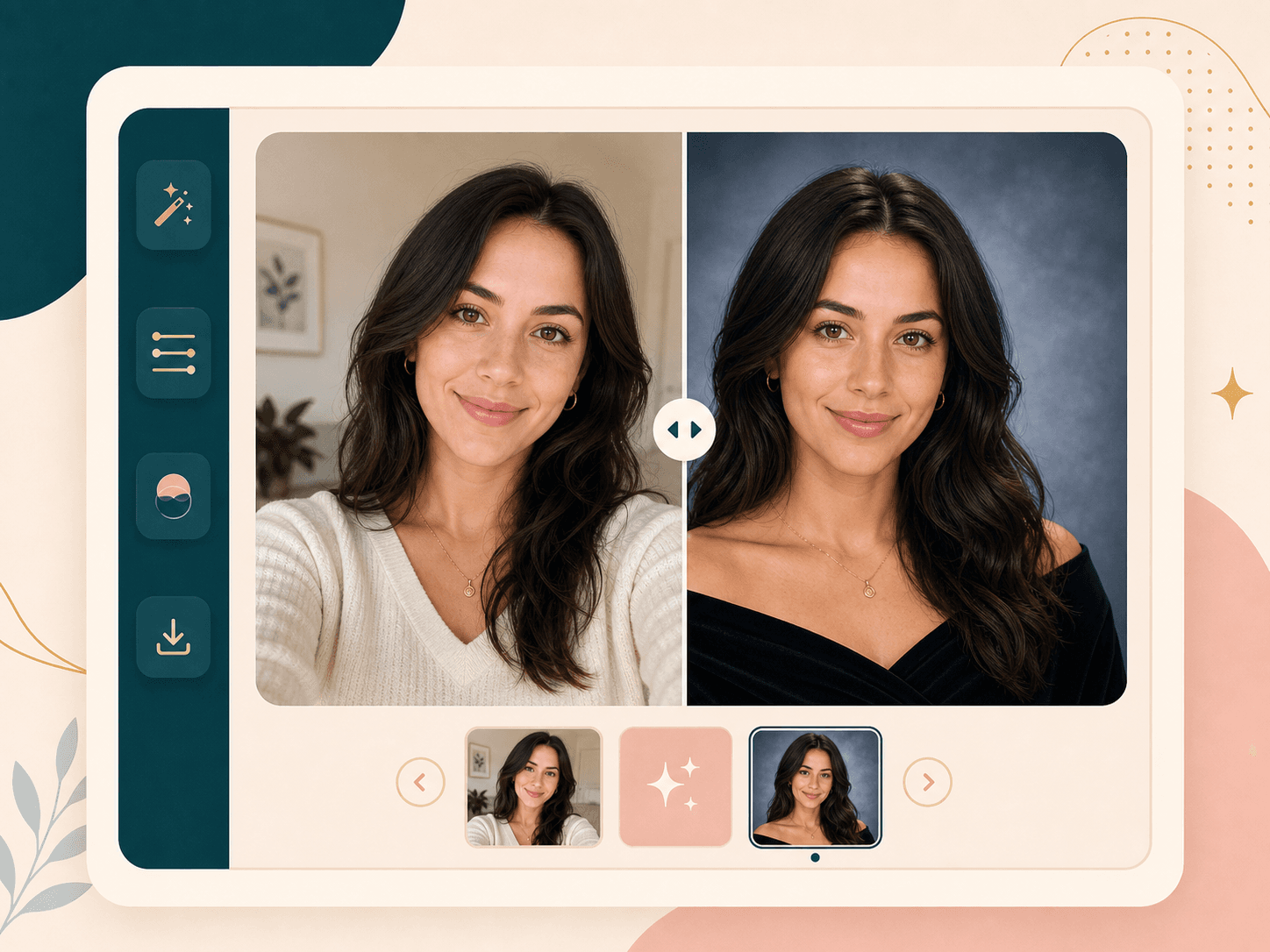 Before and after comparison slider for an AI yearbook generator result