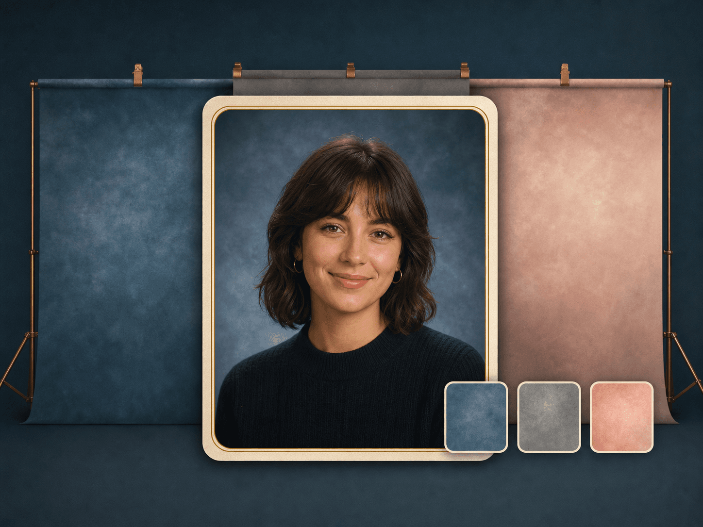 Retro studio lighting and school portrait backdrop for an AI generated yearbook photo