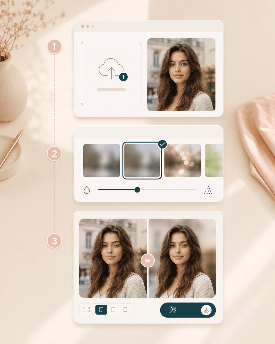 Blur Background workflow showing upload, blur style selection, and before and after review