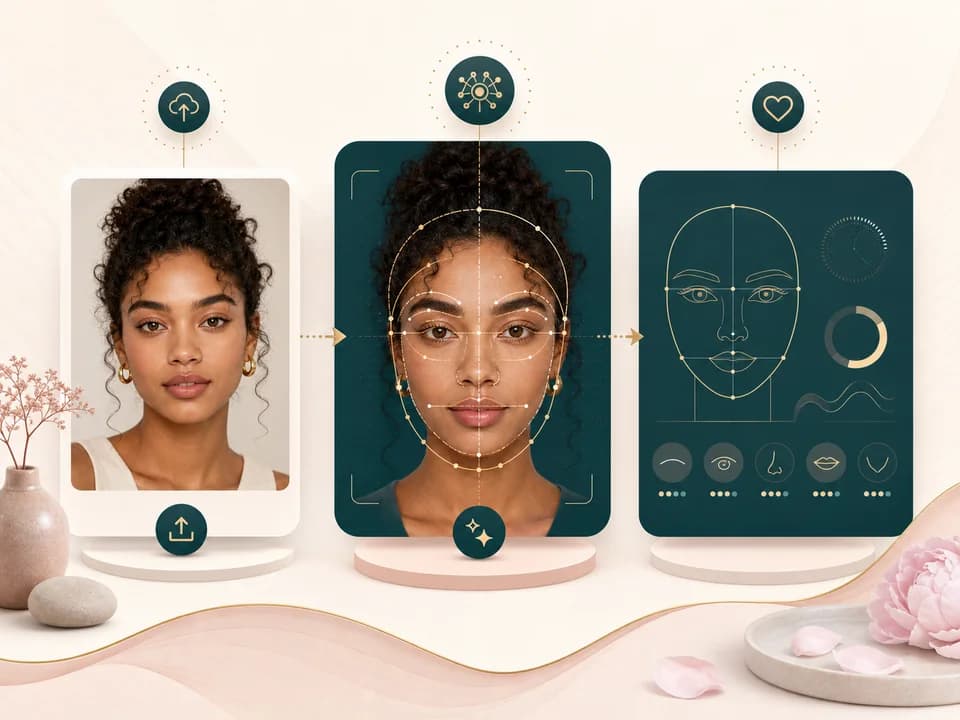 Face harmony test workflow showing portrait upload, AI analysis, and result cards