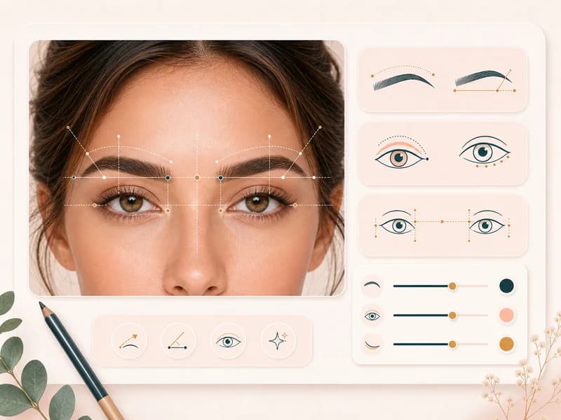 Brow and eye alignment illustration with soft arcs and beauty guide cards