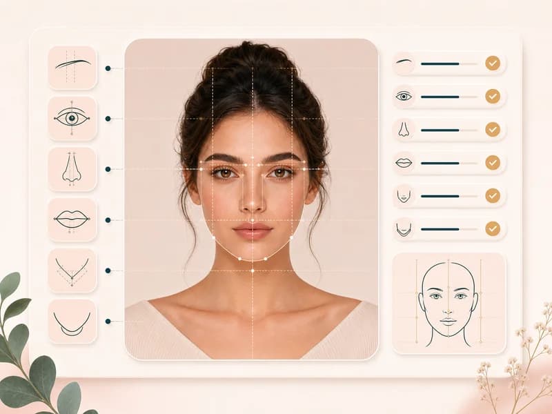 Facial feature balance map with soft guide lines around a portrait