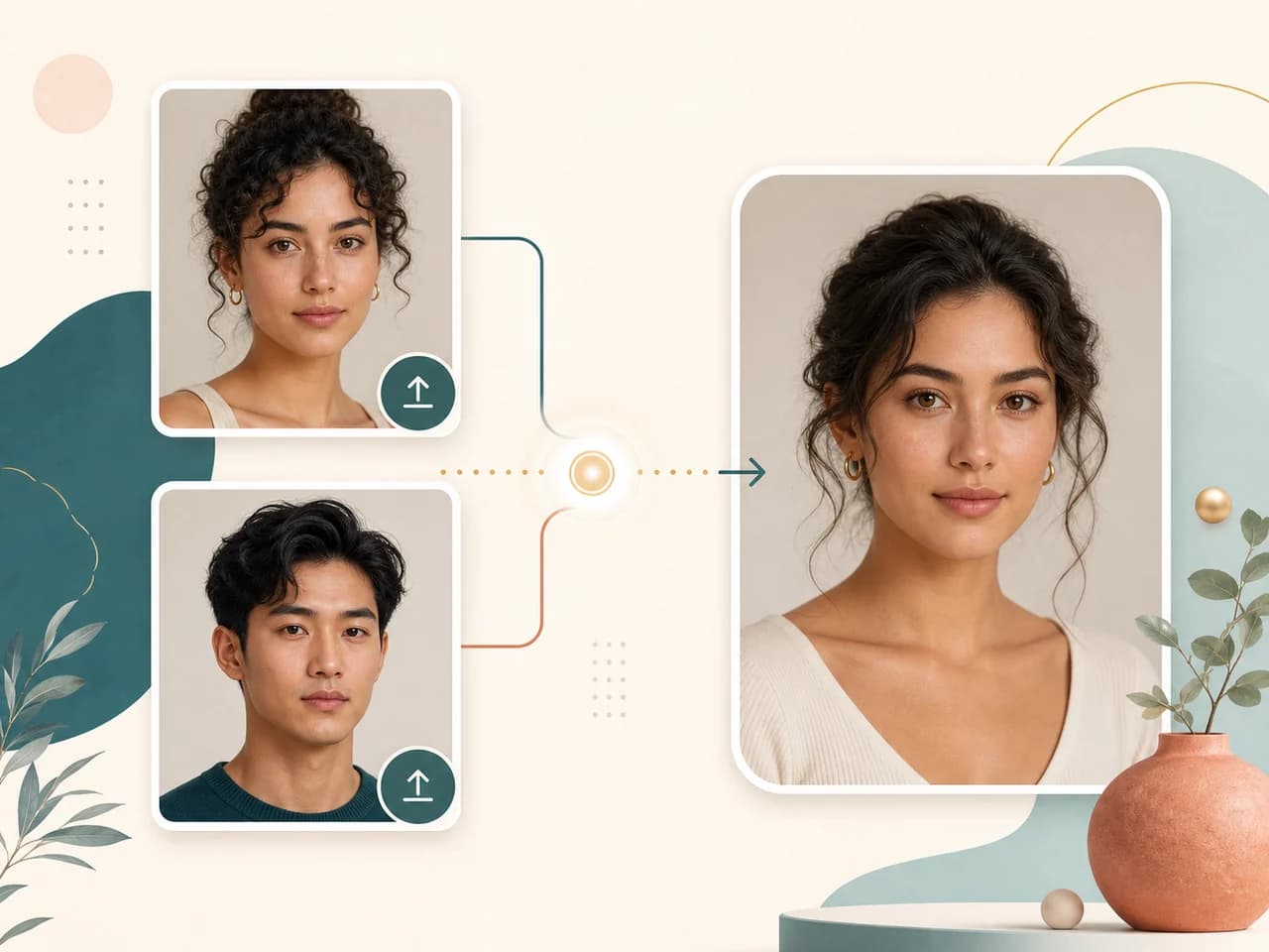 Face morph workflow illustration showing two portrait uploads and one blended result