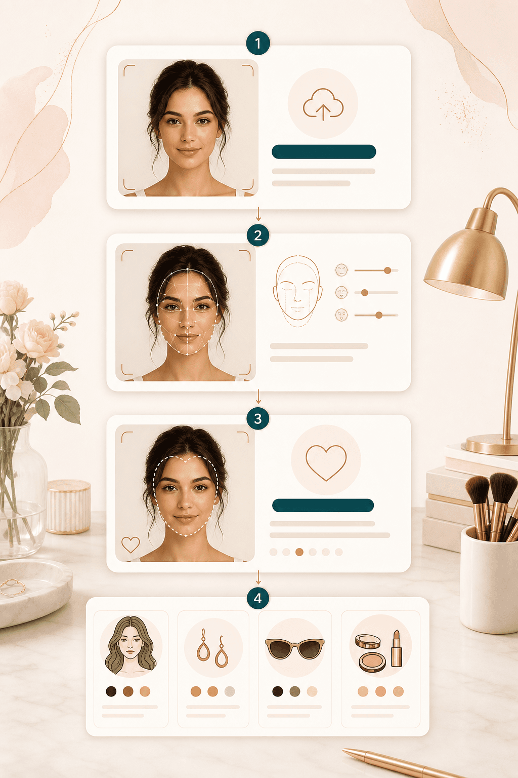 Face shape detector workflow showing upload, landmark analysis, and shape result cards