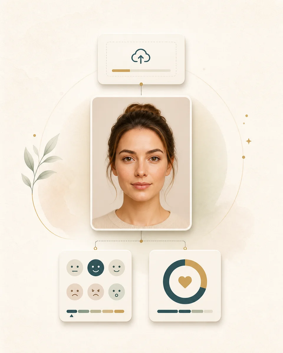 Workflow illustration for uploading a photo and reviewing facial expression recognition results