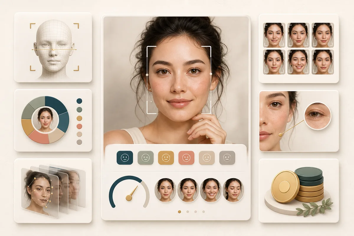 Facial expression recognition feature dashboard with labels, face boxes, and confidence cues