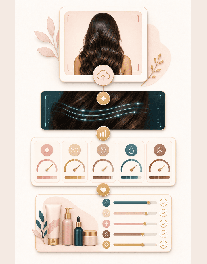 Hair Quality Analyzer workflow showing upload, scan, scores, and care ideas