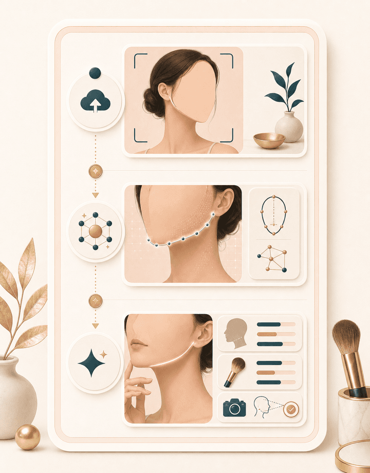 Jawline Analyzer workflow showing upload, lower face mapping, and result guidance