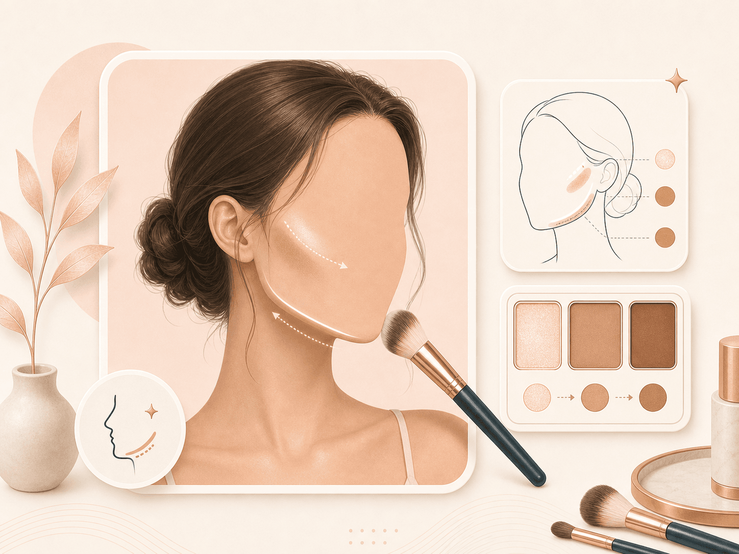 Makeup brush applying subtle contour guidance around a jawline