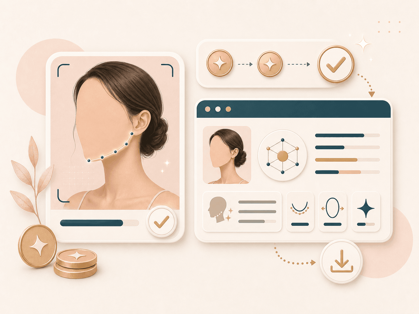 Jawline analyzer detector result card with credit tokens and download symbol